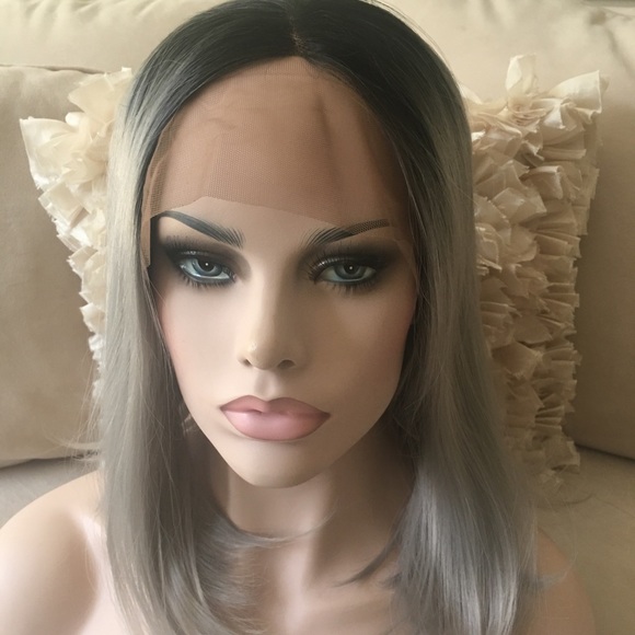 Ombre Black & Silver Bob Lace Front Wig - Picture 7 of 16